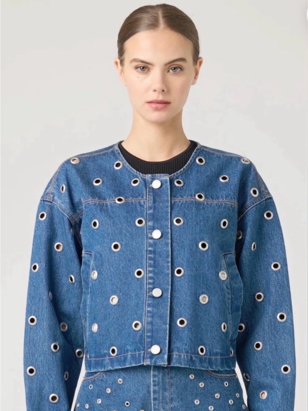 NWT Blank NYC Blue Eyelet-Embellished Denim Jacket size M.